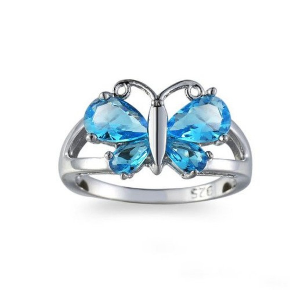 925 Silver Blue Topaz CZ Butterfly Ring Size 8 New
